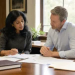 A woman and man in an estate planning meeting reviewing documents together at a desk