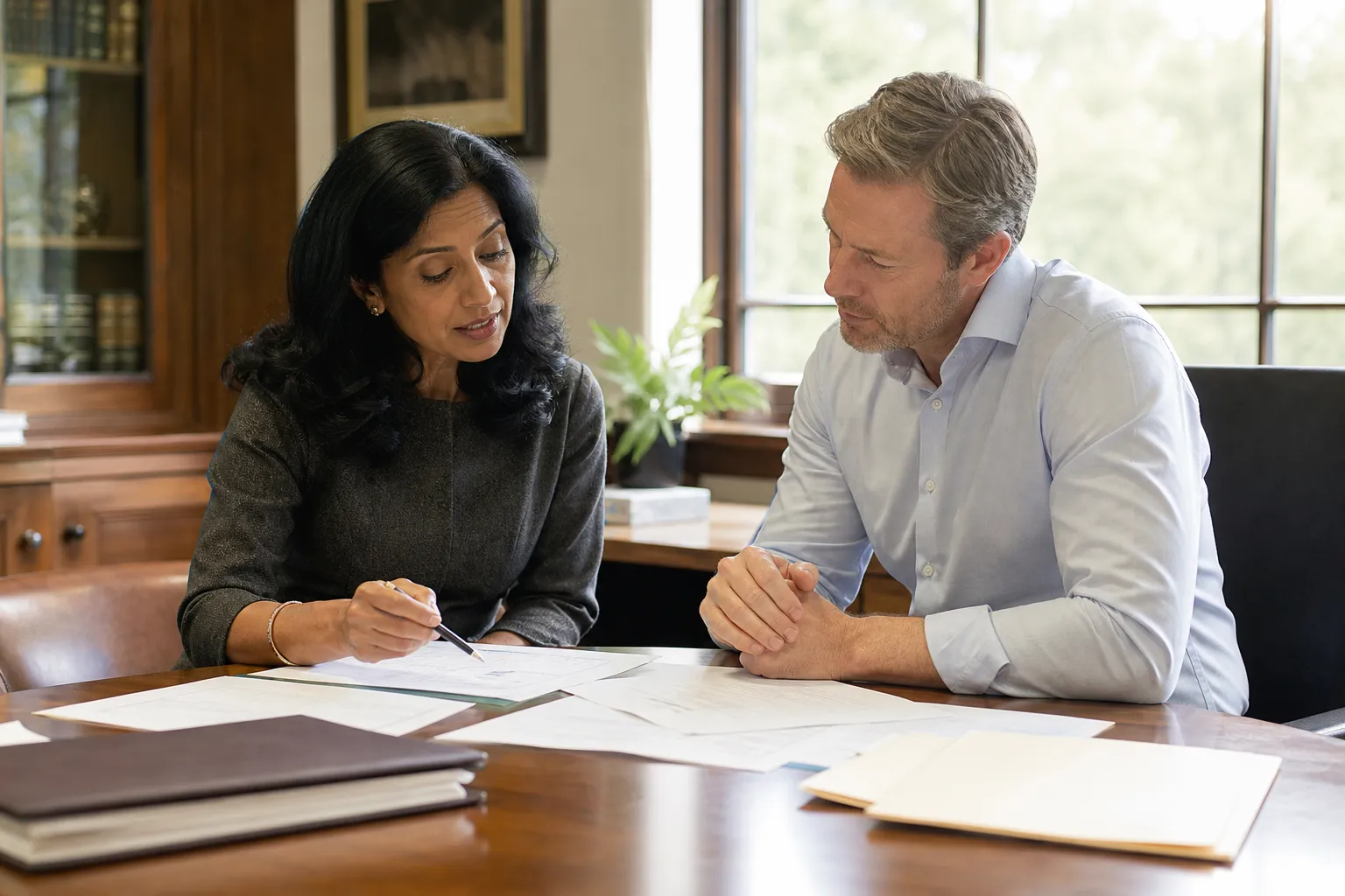 A woman and man in an estate planning meeting reviewing documents together at a desk