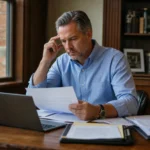 Business owner reviewing succession planning documents at his desk