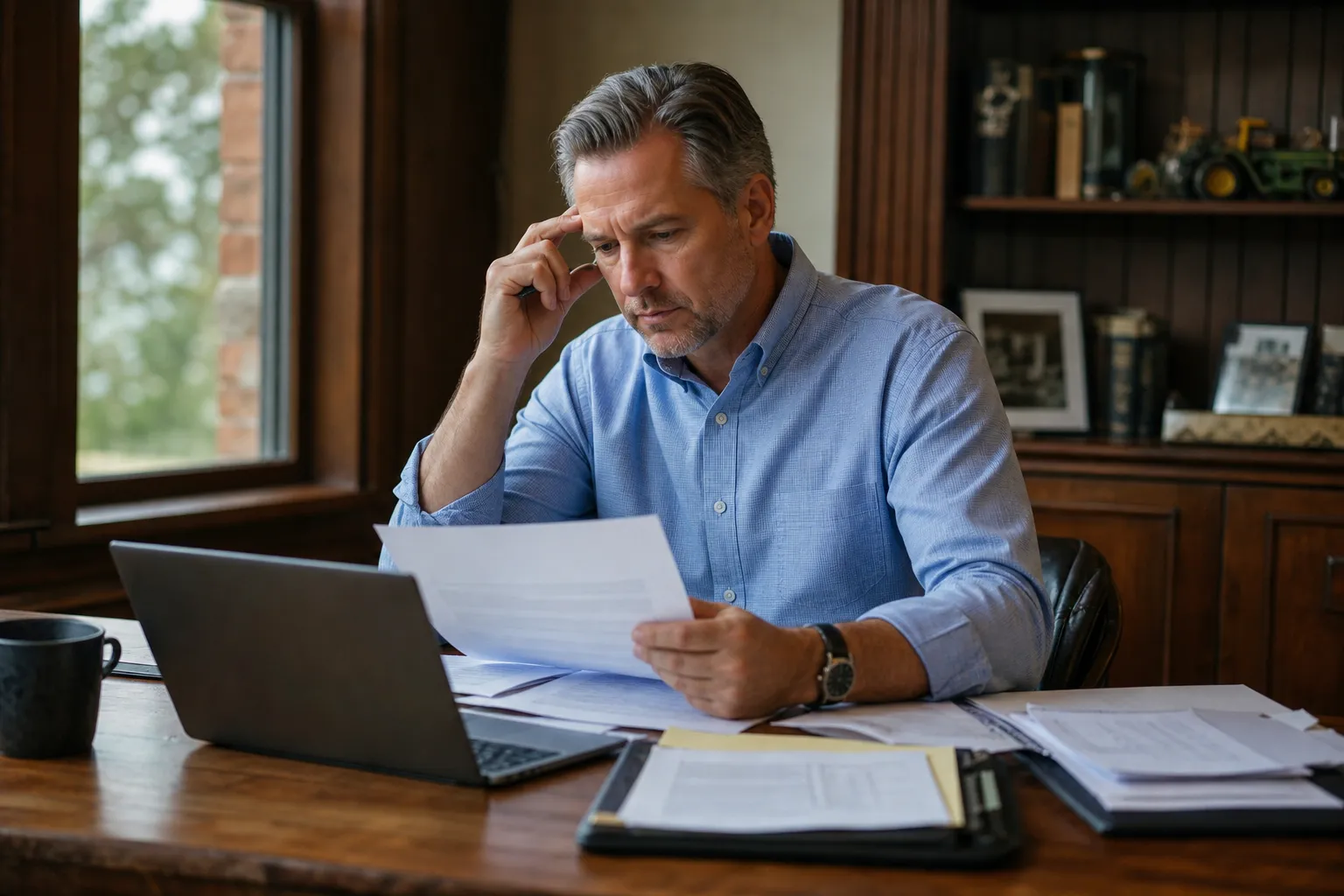 Business owner reviewing succession planning documents at his desk